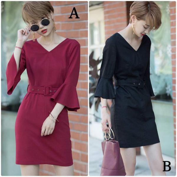 レディース　ボリュームスリーブ　フレアスリーブ　Vネック　ミニ丈　ベルト付き　スカート　トップス　カジュアル　キュート　大人　可愛い　フェミニン　おしゃれ　お出かけ　デイリー　普段着　ブラウン　ブラック　M　L　XL　サイズ　送料無料