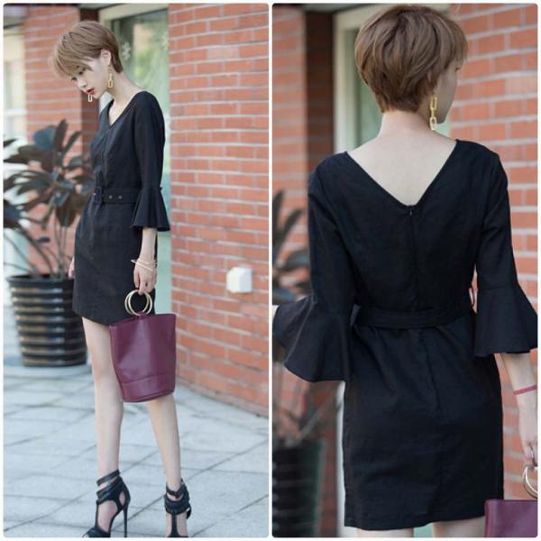 レディース　ボリュームスリーブ　フレアスリーブ　Vネック　ミニ丈　ベルト付き　スカート　トップス　カジュアル　キュート　大人　可愛い　フェミニン　おしゃれ　お出かけ　デイリー　普段着　ブラウン　ブラック　M　L　XL　サイズ　送料無料