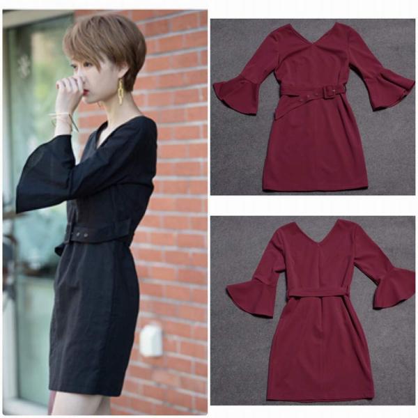 レディース　ボリュームスリーブ　フレアスリーブ　Vネック　ミニ丈　ベルト付き　スカート　トップス　カジュアル　キュート　大人　可愛い　フェミニン　おしゃれ　お出かけ　デイリー　普段着　ブラウン　ブラック　M　L　XL　サイズ　送料無料