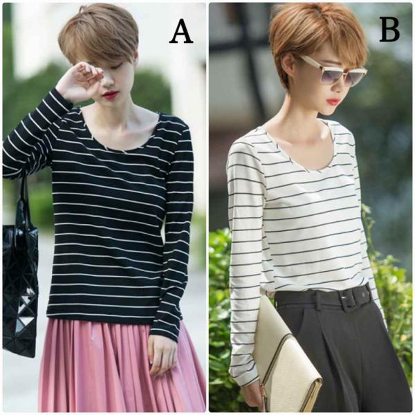 レディース　Uネック　ボーダー　Tシャツ　カットソー　長袖　トップス　カジュアル　キュート　大人　可愛い　フェミニン　おしゃれ　お出かけ　オフィス　デイリー　普段着　ホワイト　ブラック　M　L　XL　サイズ　送料無料