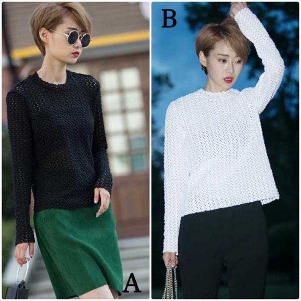 レディース　ラウンドネック　カットソー　ニット　セーター　長袖　トップス　カジュアル　キュート　大人　可愛い　フェミニン　おしゃれ　お出かけ　オフィス　デイリー　普段着　ホワイト　ブラック　M　L　XL　サイズ　送料無料