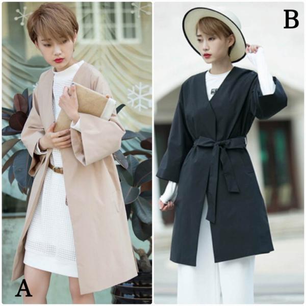 レディース　コート　ロング丈　ジャケット　羽織　ベルト付き　アウター　カジュアル　長袖　キュート　大人　可愛い　フェミニン　きれいめ　エレガント　おしゃれ　お出かけ　デイリー　オフィス　普段着　カーキ　ブラック　M　L　サイズ　送料無料