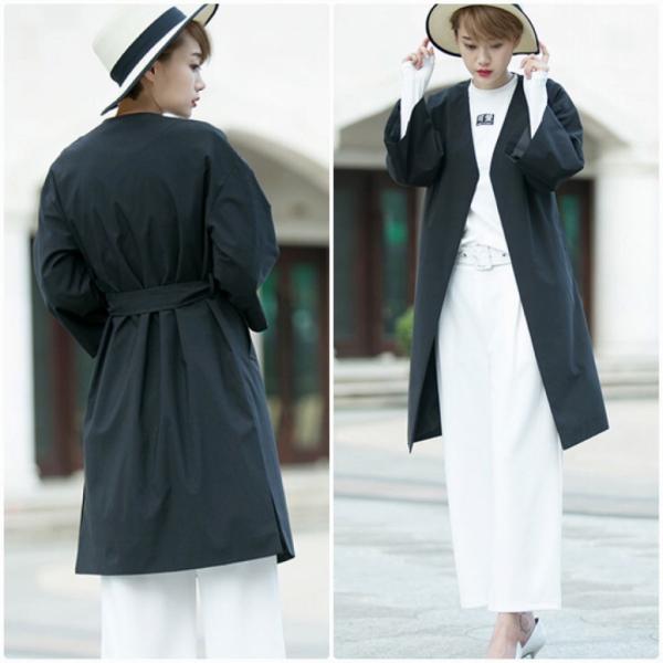 レディース　コート　ロング丈　ジャケット　羽織　ベルト付き　アウター　カジュアル　長袖　キュート　大人　可愛い　フェミニン　きれいめ　エレガント　おしゃれ　お出かけ　デイリー　オフィス　普段着　カーキ　ブラック　M　L　サイズ　送料無料