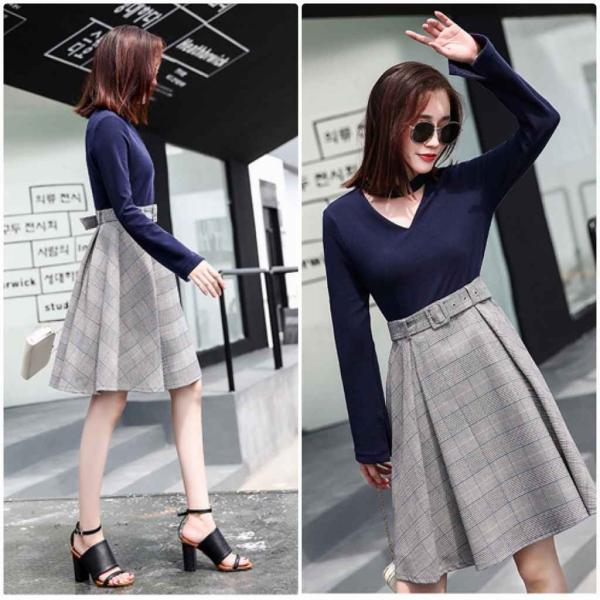 レディース　Vネック　ワンピース　ひざ上丈　チェック柄　長袖　ベルト付き　スカート　カジュアル　キュート　可愛い　フェミニン　きれいめ　上品　エレガント　おしゃれ　お出かけ　デイリー　普段着　ネイビー　M　L　XL　サイズ　送料無料