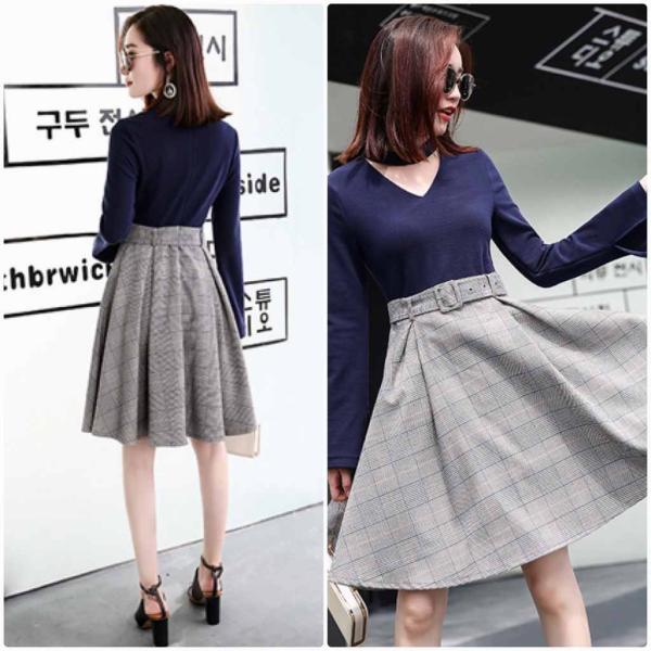 レディース　Vネック　ワンピース　ひざ上丈　チェック柄　長袖　ベルト付き　スカート　カジュアル　キュート　可愛い　フェミニン　きれいめ　上品　エレガント　おしゃれ　お出かけ　デイリー　普段着　ネイビー　M　L　XL　サイズ　送料無料