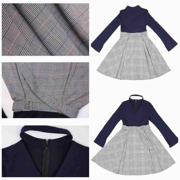 レディース　Vネック　ワンピース　ひざ上丈　チェック柄　長袖　ベルト付き　スカート　カジュアル　キュート　可愛い　フェミニン　きれいめ　上品　エレガント　おしゃれ　お出かけ　デイリー　普段着　ネイビー　M　L　XL　サイズ　送料無料