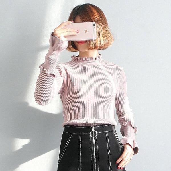 レディース　リブニット　カットソー　セーター　長袖　トップス　カジュアル　キュート　大人　可愛い　フェミニン　おしゃれ　お出かけ　オフィス　デイリー　普段着　レッド　グレー　ピンク　ホワイト　ブラック　フリーサイズ　ワンサイズ　送料無料