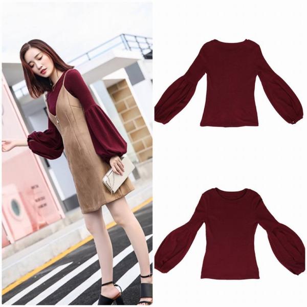 レディース　ボリュームスリーブ　パフスリーブ　カットソー　ニット　セーター　長袖　トップス　カジュアル　キュート　大人　可愛い　フェミニン　おしゃれ　お出かけ　オフィス　デイリー　普段着　ワインレッド　ブラック　M　L　XL　サイズ　送料無料