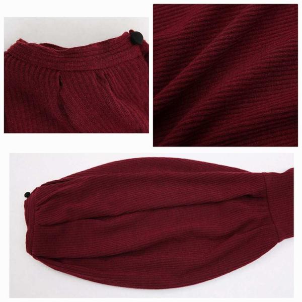 レディース　ボリュームスリーブ　パフスリーブ　カットソー　ニット　セーター　長袖　トップス　カジュアル　キュート　大人　可愛い　フェミニン　おしゃれ　お出かけ　オフィス　デイリー　普段着　ワインレッド　ブラック　M　L　XL　サイズ　送料無料