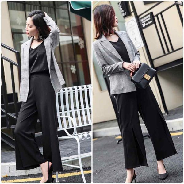 レディース　ワイドレッグパンツ　スリット　半端丈　クロップド　ハイウエスト　ボトムス　カジュアル　キュート　可愛い　フェミニン　きれいめ　おしゃれ　お出かけ　デイリー　オフィス　普段着　ブラック　M　L　XL　サイズ　送料無料