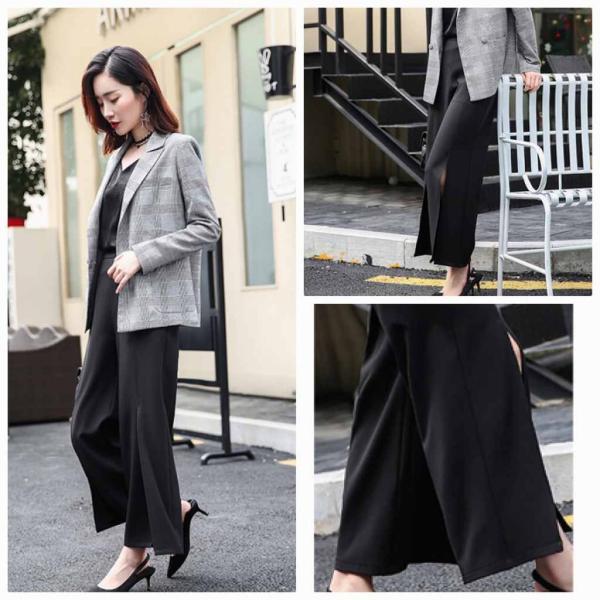 レディース　ワイドレッグパンツ　スリット　半端丈　クロップド　ハイウエスト　ボトムス　カジュアル　キュート　可愛い　フェミニン　きれいめ　おしゃれ　お出かけ　デイリー　オフィス　普段着　ブラック　M　L　XL　サイズ　送料無料