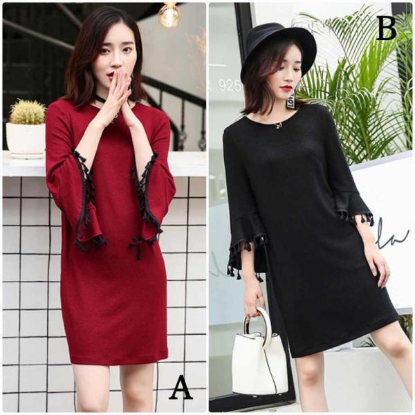 レディース　ボリュームスリーブ　フレアスリーブ　ワンピース　ひざ上丈　長袖　スカート　カジュアル　キュート　可愛い　フェミニン　きれいめ　上品　エレガント　おしゃれ　お出かけ　デイリー　普段着　レッド　ブラック　M　L　XL　サイズ　送料無料