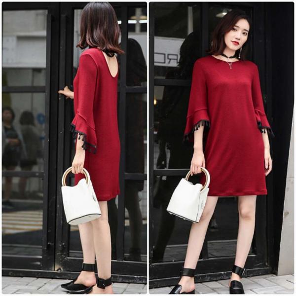 レディース　ボリュームスリーブ　フレアスリーブ　ワンピース　ひざ上丈　長袖　スカート　カジュアル　キュート　可愛い　フェミニン　きれいめ　上品　エレガント　おしゃれ　お出かけ　デイリー　普段着　レッド　ブラック　M　L　XL　サイズ　送料無料