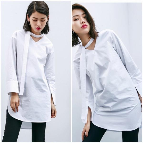 レディース　ツイリースカーフ　ブラウス　Vネック　長袖　無地　ロング丈　シャツ　トップス　カジュアル　キュート　大人　可愛い　フェミニン　おしゃれ　お出かけ　デイリー　オフィス　普段着　ホワイト　M　L　サイズ　送料無料