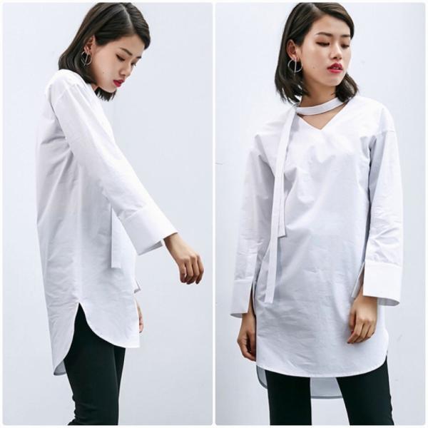 レディース　ツイリースカーフ　ブラウス　Vネック　長袖　無地　ロング丈　シャツ　トップス　カジュアル　キュート　大人　可愛い　フェミニン　おしゃれ　お出かけ　デイリー　オフィス　普段着　ホワイト　M　L　サイズ　送料無料