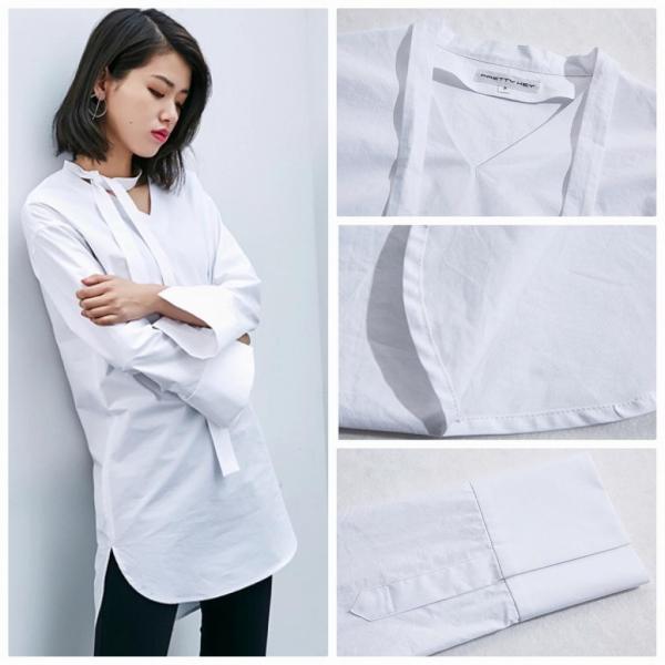 レディース　ツイリースカーフ　ブラウス　Vネック　長袖　無地　ロング丈　シャツ　トップス　カジュアル　キュート　大人　可愛い　フェミニン　おしゃれ　お出かけ　デイリー　オフィス　普段着　ホワイト　M　L　サイズ　送料無料