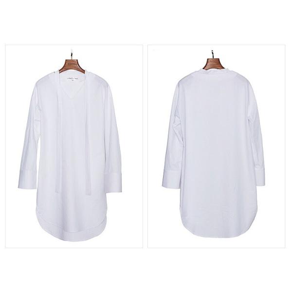 レディース　ツイリースカーフ　ブラウス　Vネック　長袖　無地　ロング丈　シャツ　トップス　カジュアル　キュート　大人　可愛い　フェミニン　おしゃれ　お出かけ　デイリー　オフィス　普段着　ホワイト　M　L　サイズ　送料無料