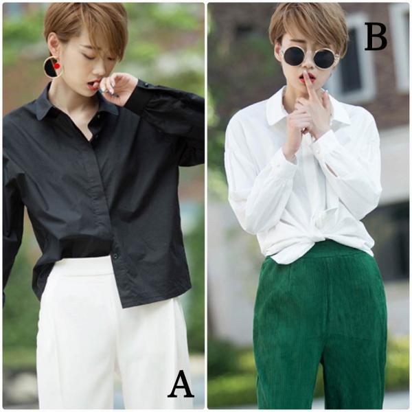 レディース　ブラウス　長袖　無地　シャツ　シンプル　トップス　カジュアル　キュート　大人　可愛い　フェミニン　おしゃれ　お出かけ　デイリー　オフィス　普段着　ホワイト　ブラック　M　L　XL　サイズ　送料無料