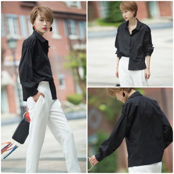 レディース　ブラウス　長袖　無地　シャツ　シンプル　トップス　カジュアル　キュート　大人　可愛い　フェミニン　おしゃれ　お出かけ　デイリー　オフィス　普段着　ホワイト　ブラック　M　L　XL　サイズ　送料無料