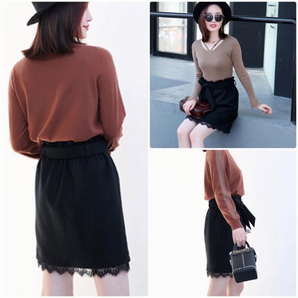 レディース　ハイウエスト　スカート　裾レース　ミニ丈　無地　ベルト付き　タイト　スリム　ボトムス　カジュアル　キュート　大人　可愛い　フェミニン　おしゃれ　お出かけ　デイリー　普段着　ブラック　M　L　XL　サイズ　送料無料