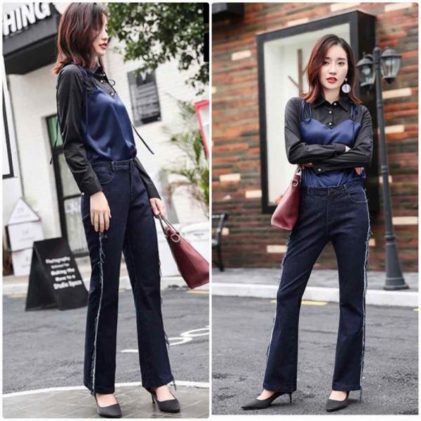 レディース　ボトムス　デニム　ロングパンツ　Gパン　ジーンズ　サイドライン　無地　カジュアル　キュート　大人可愛い　フェミニン　おしゃれ　お出かけ　オフィス　デート　デイリー　普段着　ブルー　M　L　XL　送料無料