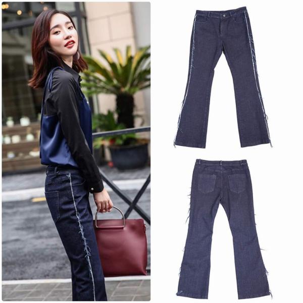 レディース　ボトムス　デニム　ロングパンツ　Gパン　ジーンズ　サイドライン　無地　カジュアル　キュート　大人可愛い　フェミニン　おしゃれ　お出かけ　オフィス　デート　デイリー　普段着　ブルー　M　L　XL　送料無料