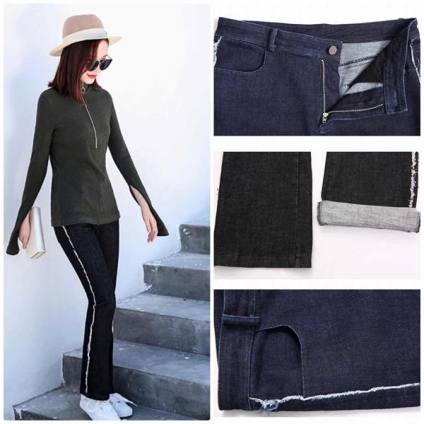 レディース　ボトムス　デニム　ロングパンツ　Gパン　ジーンズ　サイドライン　無地　カジュアル　キュート　大人可愛い　フェミニン　おしゃれ　お出かけ　オフィス　デート　デイリー　普段着　ブルー　M　L　XL　送料無料