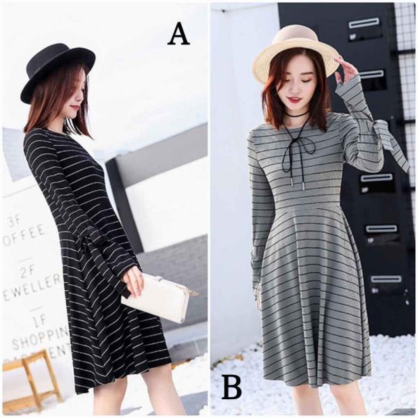 レディース　ワンピース　ニット　フレア　ミディ丈　ボーダー　ラウンドネック　リボン　カジュアル　キュート　大人可愛い　フェミニン　おしゃれ　お出かけ　オフィス　デート　デイリー　普段着　ブラック　グレー　M　L　XL　送料無料