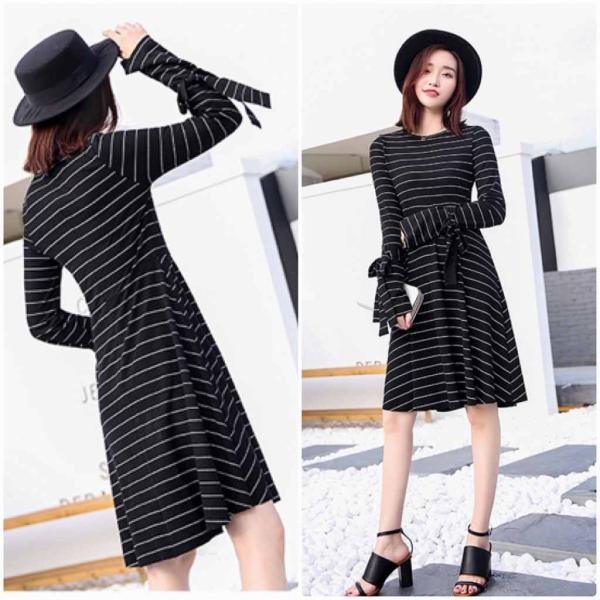 レディース　ワンピース　ニット　フレア　ミディ丈　ボーダー　ラウンドネック　リボン　カジュアル　キュート　大人可愛い　フェミニン　おしゃれ　お出かけ　オフィス　デート　デイリー　普段着　ブラック　グレー　M　L　XL　送料無料