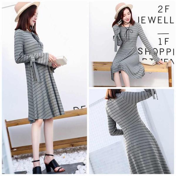 レディース　ワンピース　ニット　フレア　ミディ丈　ボーダー　ラウンドネック　リボン　カジュアル　キュート　大人可愛い　フェミニン　おしゃれ　お出かけ　オフィス　デート　デイリー　普段着　ブラック　グレー　M　L　XL　送料無料