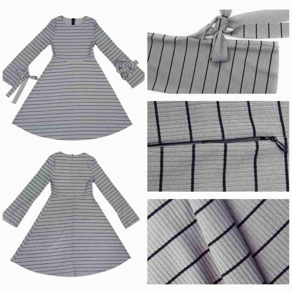 レディース　ワンピース　ニット　フレア　ミディ丈　ボーダー　ラウンドネック　リボン　カジュアル　キュート　大人可愛い　フェミニン　おしゃれ　お出かけ　オフィス　デート　デイリー　普段着　ブラック　グレー　M　L　XL　送料無料