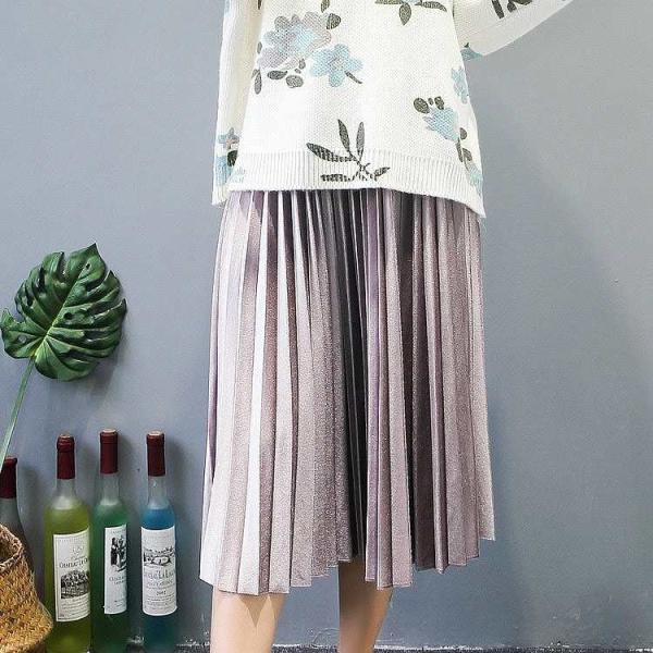 レディース　ミモレ丈　プリーツスカート　ボトムス　カジュアル　キュート　可愛い　フェミニン　きれいめ　エレガント　上品　おしゃれ　お出かけ　オフィス　デイリー　普段着　パープル　オリーブ　ブルー　カーキ　グレー　ブラック　フリーサイズ　送料無料