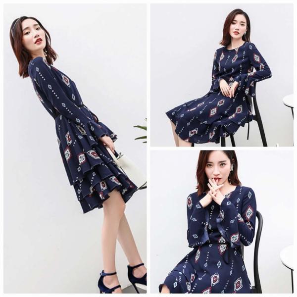 レディース　ワンピース　フレア　ティアード　ミディ丈　幾何学模様　ラウンドネック　リボン　カジュアル　キュート　大人可愛い　フェミニン　おしゃれ　お出かけ　オフィス　デート　デイリー　普段着　ネイビー　M　L　XL　送料無料