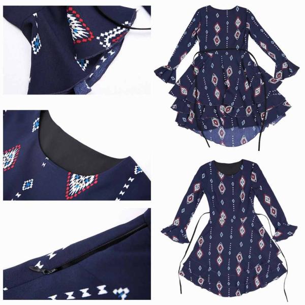 レディース　ワンピース　フレア　ティアード　ミディ丈　幾何学模様　ラウンドネック　リボン　カジュアル　キュート　大人可愛い　フェミニン　おしゃれ　お出かけ　オフィス　デート　デイリー　普段着　ネイビー　M　L　XL　送料無料