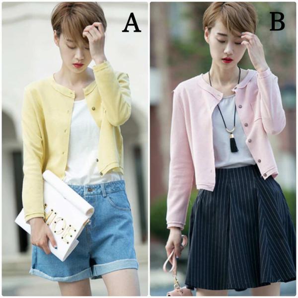 レディース　ライトアウター　カーディガン　長袖　ショート丈　無地　ラウンドネック　カジュアル　キュート　大人可愛い　春　フェミニン　おしゃれ　お出かけ　オフィス　デート　デイリー　普段着　イエロー　ピンク　M　L　XL　送料無料