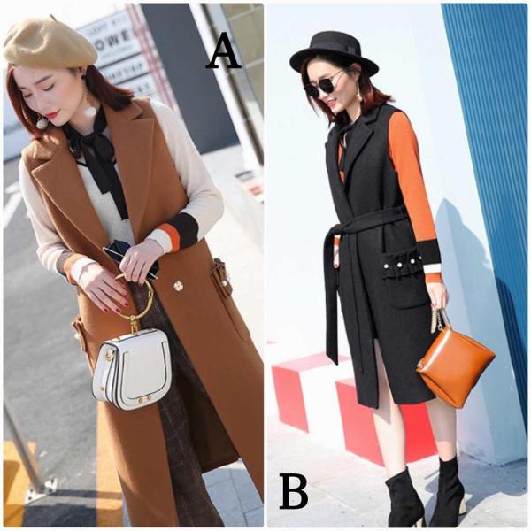 レディース　アウター　ベスト　コート　ノースリーブ　リボンベルト　長袖　無地　カジュアル　キュート　大人可愛い　フェミニン　おしゃれ　お出かけ　オフィス　デート　デイリー　普段着　ブラウン　ブラック　S　M　L　送料無料