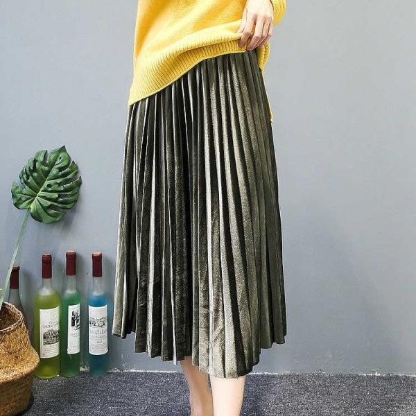 レディース　ミモレ丈　プリーツスカート　ボトムス　カジュアル　キュート　可愛い　フェミニン　きれいめ　エレガント　上品　おしゃれ　お出かけ　オフィス　デイリー　普段着　パープル　オリーブ　ブルー　カーキ　グレー　ブラック　フリーサイズ　送料無料