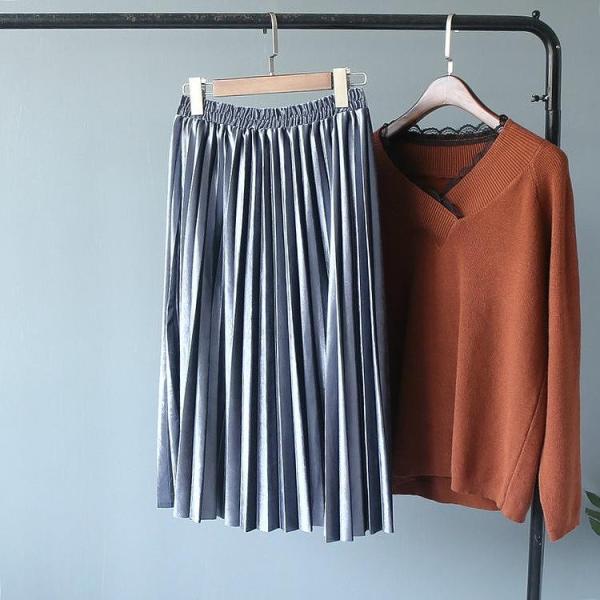 レディース　ミモレ丈　プリーツスカート　ボトムス　カジュアル　キュート　可愛い　フェミニン　きれいめ　エレガント　上品　おしゃれ　お出かけ　オフィス　デイリー　普段着　パープル　オリーブ　ブルー　カーキ　グレー　ブラック　フリーサイズ　送料無料