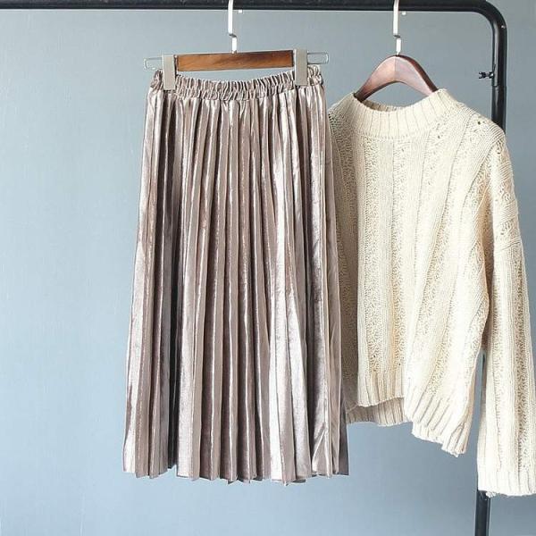 レディース　ミモレ丈　プリーツスカート　ボトムス　カジュアル　キュート　可愛い　フェミニン　きれいめ　エレガント　上品　おしゃれ　お出かけ　オフィス　デイリー　普段着　パープル　オリーブ　ブルー　カーキ　グレー　ブラック　フリーサイズ　送料無料