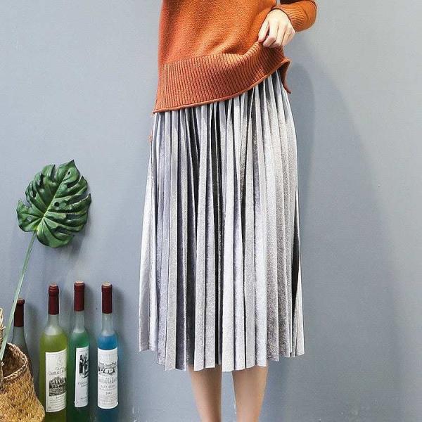 レディース　ミモレ丈　プリーツスカート　ボトムス　カジュアル　キュート　可愛い　フェミニン　きれいめ　エレガント　上品　おしゃれ　お出かけ　オフィス　デイリー　普段着　パープル　オリーブ　ブルー　カーキ　グレー　ブラック　フリーサイズ　送料無料