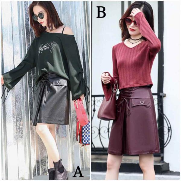 レディース　ボトムス　ミニスカート　リボン　PUレザー　ミディ丈　無地　カジュアル　キュート　大人可愛い　フェミニン　パンク　ロック　おしゃれ　お出かけ　オフィス　デート　デイリー　普段着　ブラック　ワイン　M　L　XL　送料無料