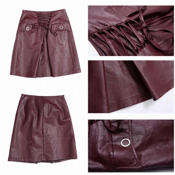 レディース　ボトムス　ミニスカート　リボン　PUレザー　ミディ丈　無地　カジュアル　キュート　大人可愛い　フェミニン　パンク　ロック　おしゃれ　お出かけ　オフィス　デート　デイリー　普段着　ブラック　ワイン　M　L　XL　送料無料