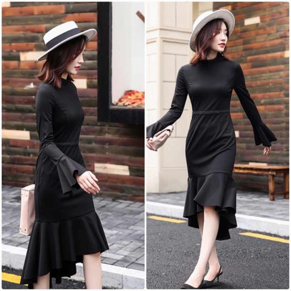レディース　ワンピース　アシンメトリー　無地　ロング　カジュアル　キュート　大人可愛い　フェミニン　シック　おしゃれ　お出かけ　オフィス　デート　デイリー　普段着　ブラック　M　L　XL　送料無料