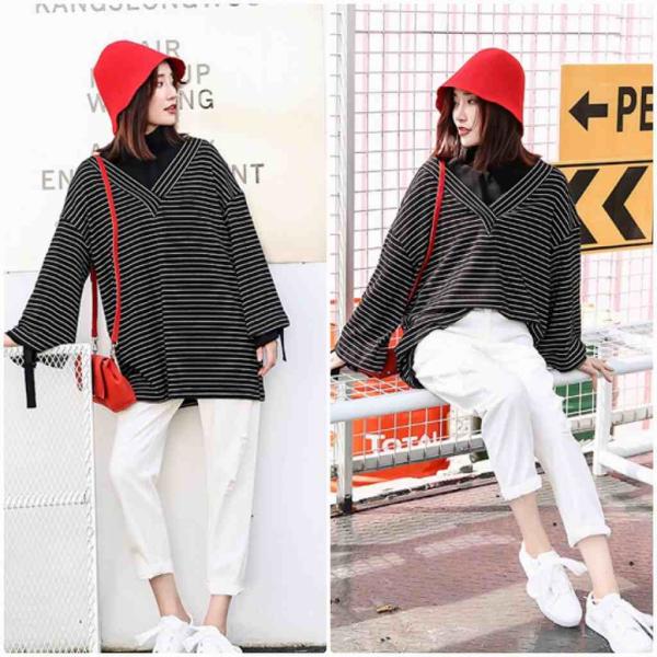 レディース　トップス　深Vネック　セーター　フード付き　長袖　ボーダー　ゆったり　カジュアル　キュート　大人可愛い　フェミニン　おしゃれ　お出かけ　デート　デイリー　普段着　レッド　ブラック　S　M　L　送料無料