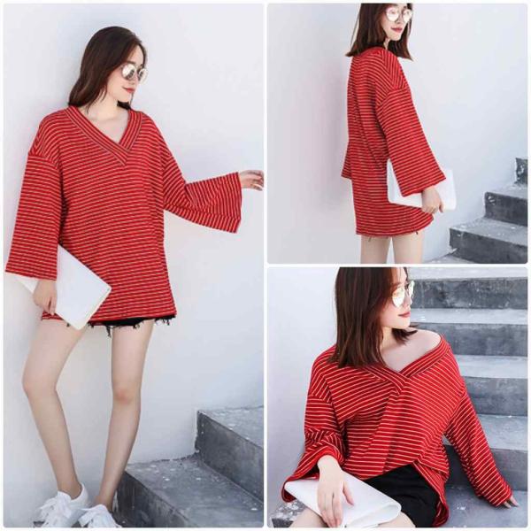 レディース　トップス　深Vネック　セーター　フード付き　長袖　ボーダー　ゆったり　カジュアル　キュート　大人可愛い　フェミニン　おしゃれ　お出かけ　デート　デイリー　普段着　レッド　ブラック　S　M　L　送料無料