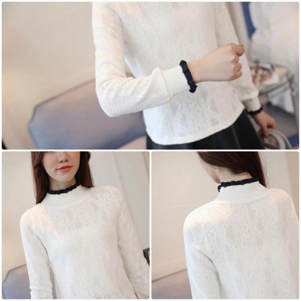 レディース　大きいサイズ　ボトルネック　ニット　ブラウス　カットソー　長袖　トップス　カジュアル　キュート　大人　可愛い　フェミニン　おしゃれ　お出かけ　オフィス　デイリー　普段着　ホワイト　白　S　M　L　XL　2XL　送料無料