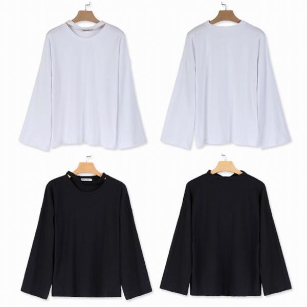 レディース　フレアスリーブ　ロングTシャツ　ボリュームスリーブ　ロンT　長袖　トップス　カジュアル　キュート　大人　可愛い　フェミニン　おしゃれ　お出かけ　普段着　デイリー　ホワイト　ブラック　S　M　L　XL　サイズ　送料無料