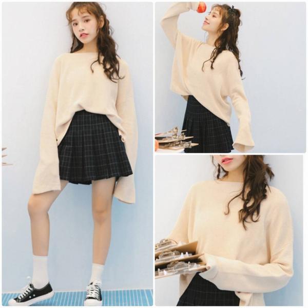 レディース　カットソー　ラウンドネック　ニット　セーター　フレアスリーブ　ボリュームスリーブ　長袖　トップス　カジュアル　キュート　大人　可愛い　フェミニン　おしゃれ　お出かけ　オフィス　デイリー　普段着　ブルー　ブラック　ベージュ　レッド　送料無料