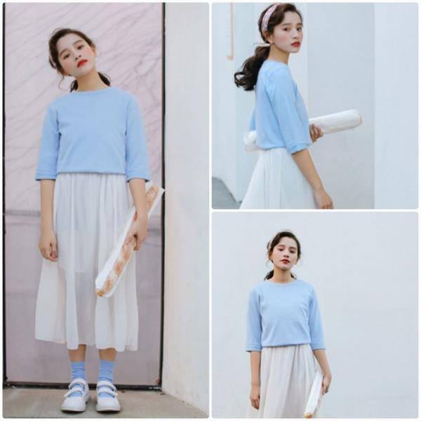 レディース　カットソー　ニット　セーター　七分袖　無地　シンプル　トップス　カジュアル　キュート　大人　可愛い　フェミニン　おしゃれ　お出かけ　オフィス　デイリー　普段着　ブルー　ホワイト　ピンク　送料無料