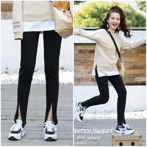 レディース　スリットパンツ　スリム　タイト　無地　ボトムス　カジュアル　キュート　可愛い　フェミニン　きれいめ　エレガント　おしゃれ　お出かけ　オフィス　デイリー　普段着　ブラック　S　M　L　サイズ　送料無料